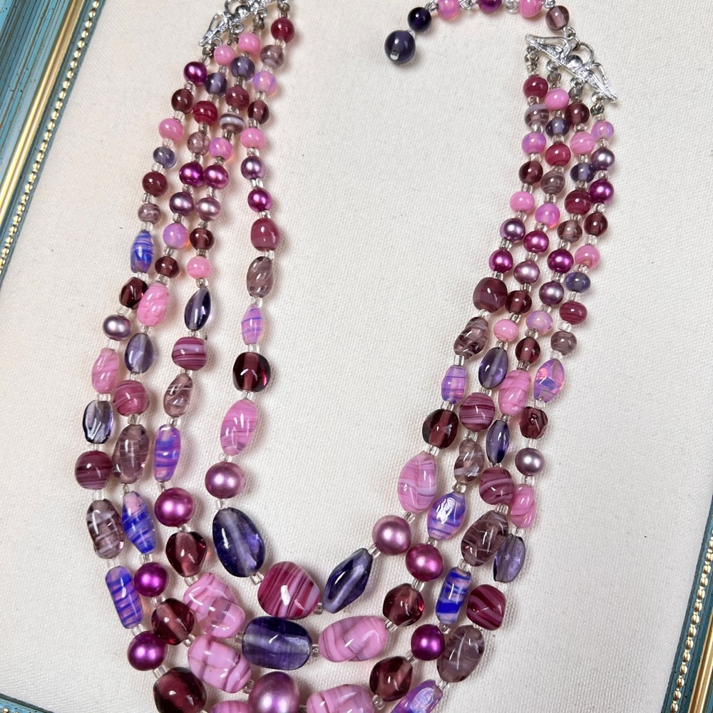 Elegant Multi-Strand Pink and Purple Beaded Necklace